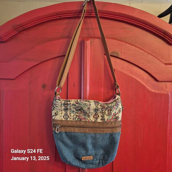 Sakroots The Sak Crossbody Purse Owl Theme Denim Front Zip Pocket Adjustable EUC - Picture 2 of 6